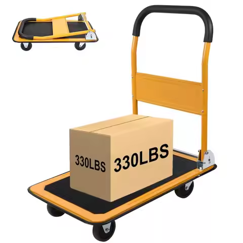 Foldable Push Cart Platform Cart 330lbs Capacity 4 Wheels 28.7x18.5x32.3inches Yellow Small Flatbed 