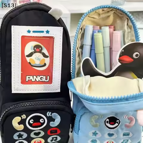 Kawaii Penguin Canvas Pen Bag Phone Shape Large Capacity Stationery Pouch Stationery Storage Bag Stu