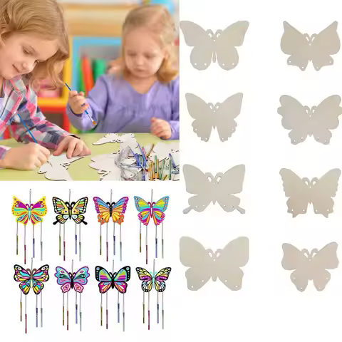 8pcs Butterfly Unfinished Crafts Wooden Slices Ornaments For Children Paint Wind Chimes Home Decor K