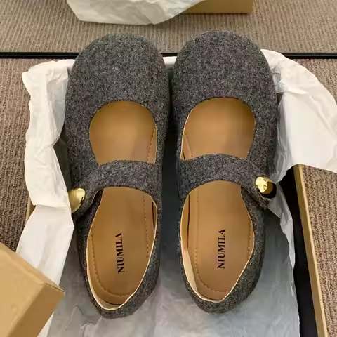 Women's round Head Cosy Lambs wool Ballet Flats Warm Teddy Fur Mary Jane Shoes Fluffy Plush Loafers 