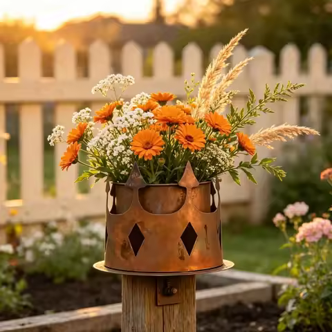 Iron Garden Stake Plant Flower Pot Holder, Outdoor Decors Raised Crown Vessel with Aged-Look Finish