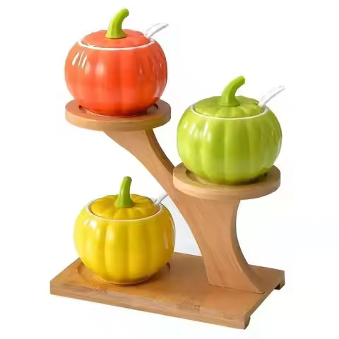 Creative Pumpkin Ceramic Seasoning Jar Set With Spoon Salt Sugar Bowl Msg Pepper Edible Oil Containe