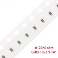 100pcs 1% 0603 SMD resistor 0R ~ 20M 1/10W 0.1 0.22 10 100 150 220 330 ohm 1K 2.2K 10K 100K 0.1R 1R 