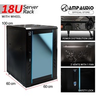 AmpAudio 18U Server Rack Cabinet Glass Door with PDU & Free Tray