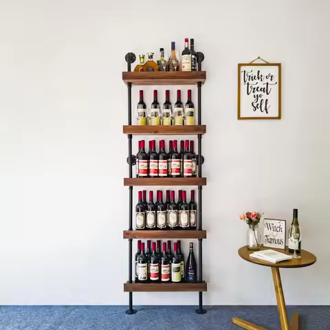 5-Tier Wall Mounted Wine Rack - Industrial Pipe Bar Shelf for Wine Bottle Storage, Rustic Brown Fini