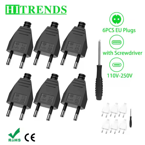 6/8PCS EU Electrical Plug Adapter Replacement Rewireable Outlets, European 2 Pin Male Plug Power Soc