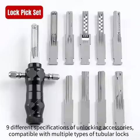 Tubular Lock Pick Set:9-In-1 Unlocking Tool with Interchangeable Stainless Steel Lock Open Keys Repa