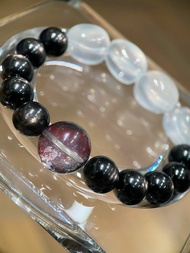 頂級天然金運石+牛血紅膠花水晶+奶白晶 手串 招財防小人休息之石