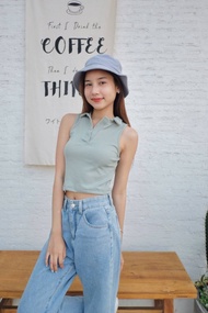 PIMM เสื้อครอป เสื้อไหมพรมแฟชั่นแขนกุด ผ้านิ่ม เนื้อยืด งานคุณภาพ ใส่สบายไม่ร้อน คอปก(G005)