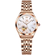 OLEVS 6636 Fashion Women Mechanical Watch Gift Genuine Leather Watchband Round-dial Wristwatch