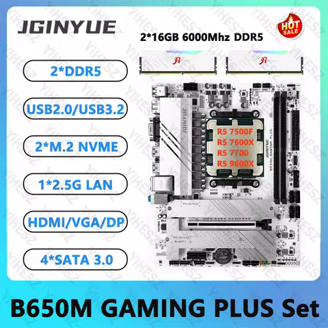 JGINYUE B650M GAMING PLUS Motherboard Kit Ryzen 5 7500F/7600X/9600X R7 7700 CPU And 2*16GB 6000Mhz D