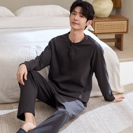 ((Control Price 79.9 Yuan) Autumn Pure Cotton Waffle Round Neck Pullover Double Long Pajamas Men's H