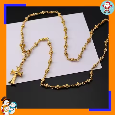 New Cross Necklace with Diamond, Gold Hip-hop Punk Style Retro Cross Flower Chain Necklace, Versatil