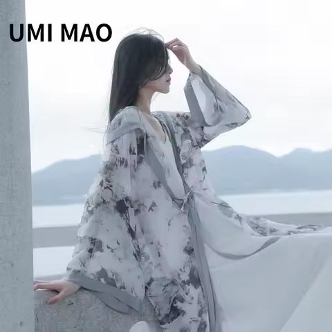 UMI MAO Yamamoto Chinese Style Spring Summer Homemade Ink Wash Zen Elegant Hooded Witch Long Cardiga