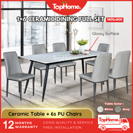 🔥FREE INSTALL🔥 TopHome 1+6 1400x800 White / Grey Glossy Ceramic Dining Table Set / 6 Seater Dining S