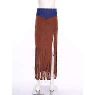 Xnihocha Womens Cowgirl Tassel Midi Skirt Denim and Faux Suede Patchwork Front Fringe Sides-split Sk
