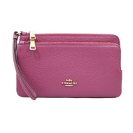 COACH 經典素面LOGO雙層拉鍊大款手拿包 萬用包 暗粉色 /平行輸入