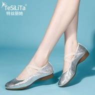 Silver Square Dance Shoes Ladies Dance Shoes Soft Sole Flat Heel Mid-heel Dance Shoes Friendship Dance Practice Shoes Spring Breathable