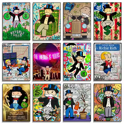 Fashion Alec Monopoly Millionaire Money Canvas Painting Modern Street Graffiti Wall Poster Prints Ro