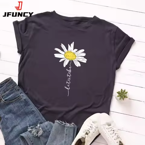 100% Cotton Women T-Shirt 2025 Summer Tshirt Creative Daisies Printed Woman Short Sleeve Tee Tops Fe