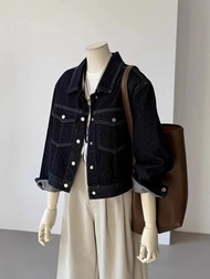 สั้นผู้หญิง DENIM แจ็คเก็ตฤดูใบไม้ผลิแฟชั่น Retro Hong Kong สไตล์สีน้ําเงินเข้ม Workwear ลําลองกางเก