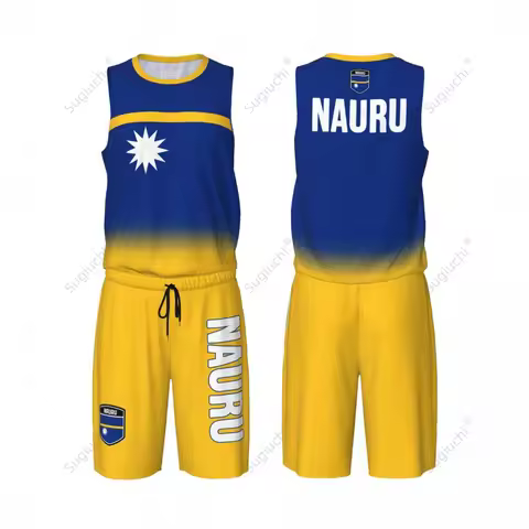 Men Nauru Flag Basketball Jersey Set Mesh Shirt & Pants Sleeveless Exclusive Team-up Custom Name Nun