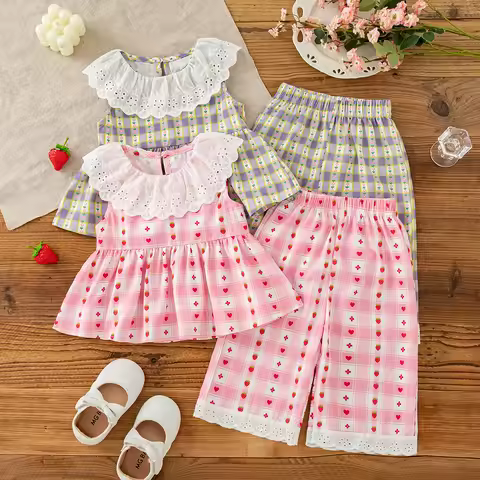 Summer New Baby Girl Two-Piece Sweet Checkered Printed Children'S Clothing (9 Months -4 Years Old)