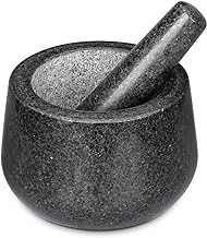 Heavy Duty Natural Granite Mortar and Pestle Set, 7 Inch 4 Cup Polished Granite Mortar, Solid Stone Grinder, Herb Crusher, Spice Grinder for Grinding Guacamo, Salsa, Pepper, Pesto, Nuts(Black)