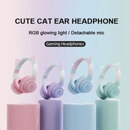 可愛貓耳 藍牙耳機 藍牙耳筒 RGB發光漸變 電競 遊戲 主播 耳機 TWS真無缐 遊戲 立體聲 帶可拆卸式麥克風 學生 兒童 有線 無線 Headphone 藍芽耳機