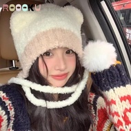 ROOOKU Ear Protection Hat, Thickened Bear Ear Beanies Bear Hat,  Crochet Wool Warm Hat Women
