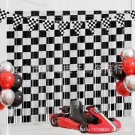 Racing Theme Rain Silk Curtain Black White Checkerboard Rain Silk Curtain Checkerboard Party Backgro