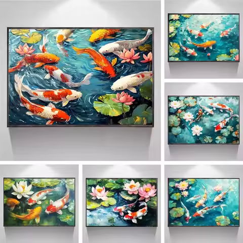 Landscape Oil Painting By Numbers Kits Pond Lotus Leaf Koi Fish Number Drawing Canvas DIY Pictures B