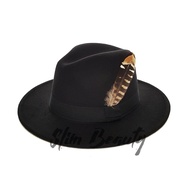 (พร้อมส่ง/ส่งฟรี) หมวกปานามา ฟีโดร่า ขนนกลาย ขนาดปีก 6.5ซม.  Feather Panama fedora hat size 6.5cm