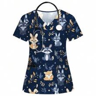 Cartoon Rabbit Print Short Sleeve Scrub Top,Nurses Uniform T-Shirt Set Scrub Set Nurse Dresses Scrub
