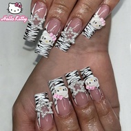24PCS Medium Long Square Nail Patch White Zebra Pattern French Cute Stereo Hello Kitty Drill 3d Whit