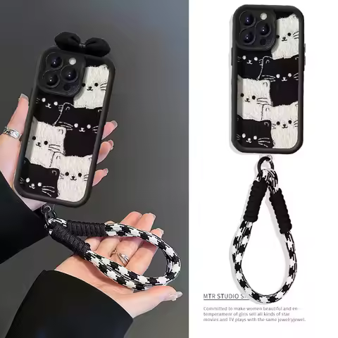 3D Bow Black Cat Lanyard Case For Redmi Note 14 4G 13 12 PRO 5G Plus 10 8 9 11S 13C 14C 12C 12 13 A5