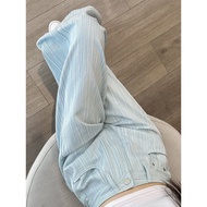 Light Blue Textured Loose Straight Jeans Women Korean Version High Waist Slimmer Look Drape All-Matc