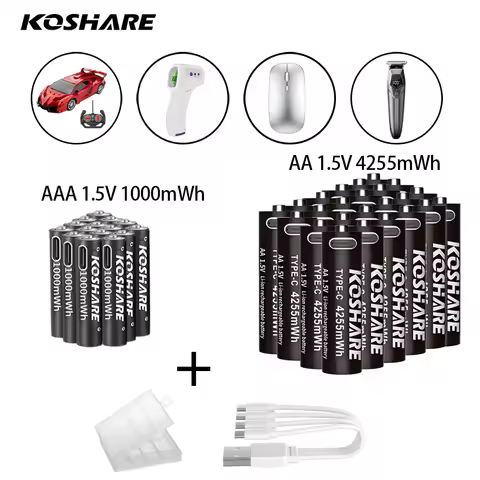 KOSHARE 1.5V AAA/AA 4255mWh1000mWh Rechargeable Battery USB Type-C Rechargeable Li-ion Battery For r