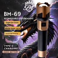 BM-69 Rechargeable Flashlight LED Super Bright Torch USB C Type 3 Light Mode Zoom 600m Distance Emer