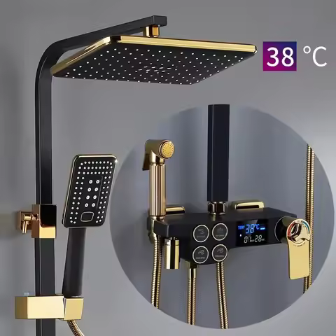 Digital Shower Set Luxury Black Gold Thermostatic System Rainfall Spa Shower Head Brass Bathtub Fauc