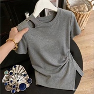 2026 Summer Irregular Cut Out Crew Neck Tee Daily Casual