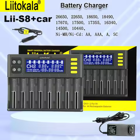 LiitoKala Lii-S8 8 Slots LCD Battery Charger for Li-ion LiFePO4 Ni-MH Ni-Cd 9V 21700 20700 26650 186