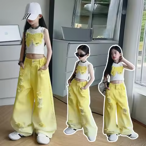4-7-14 teen girls Gradient yellow 3D butterfly hole wide leg jeans cotton Bow vest tops junior kids 