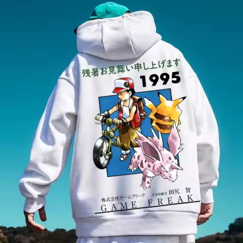 2025 Pikachu Ash 1995 Printed Oversized 4xl Pok É Mon Men's and Women's Autumn and Winter Fleece Y2K