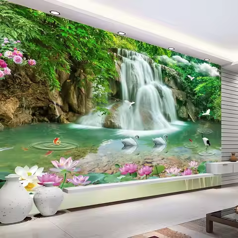Custom Photo Mural Wallpaper HD Waterfall River White Swan Green Tree Nature Pastoral Landscape 3D M