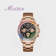 MEIBIN 美賓 M1481M 時尚玫瑰金鑲鑽彩虹外圈三眼計時手錶- 綠面