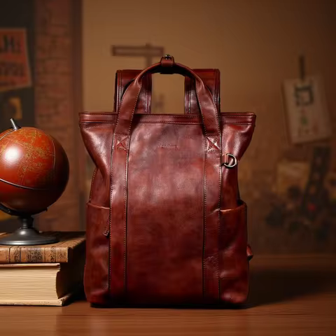 New vintage handmade patina backpack, Japanese style large capacity leather laptop bag for men and w