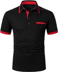 Men's All Over Print Contrast Trim Short Sleeve Polo T Shirt Tops Black Red XXL