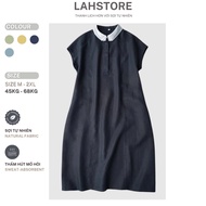LAHSTORE linen dress with chiffon shirt collar, mussel sleeves, embossed cups DS32 (Dark Blue)