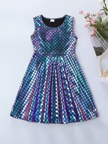 Girl Summer Sleeveless Mermaid Fish Scale Party Princess A-line Dress SH1726